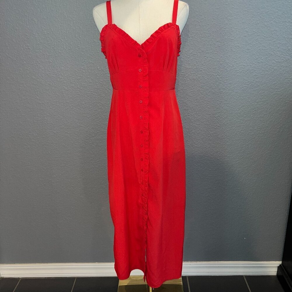 TOPSHOP VALENTINE RED BUTTON UP MAXI DRESS - RUFFLE TRIM - SPAGHETTI STRAPS - 6